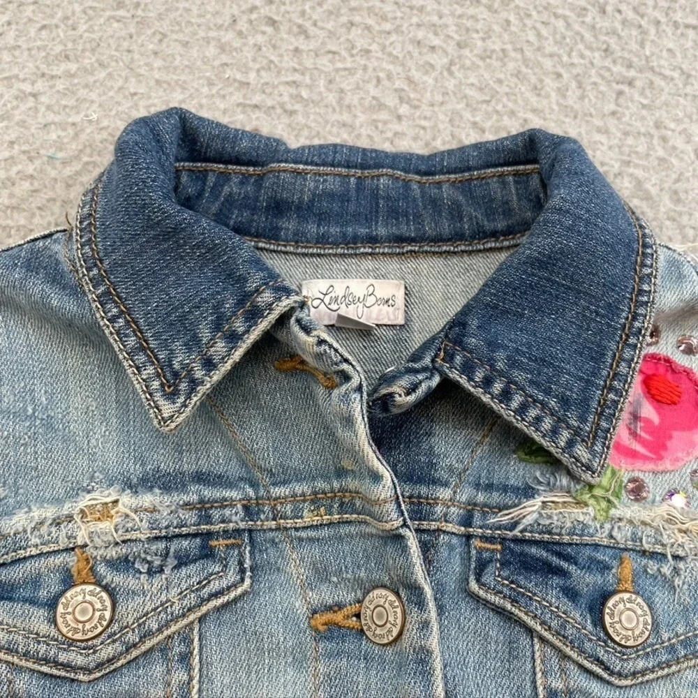 Lindsey Berns Jeans Jacket Girls 4T Blue Denim Pink Floral Rhinestone Coquette